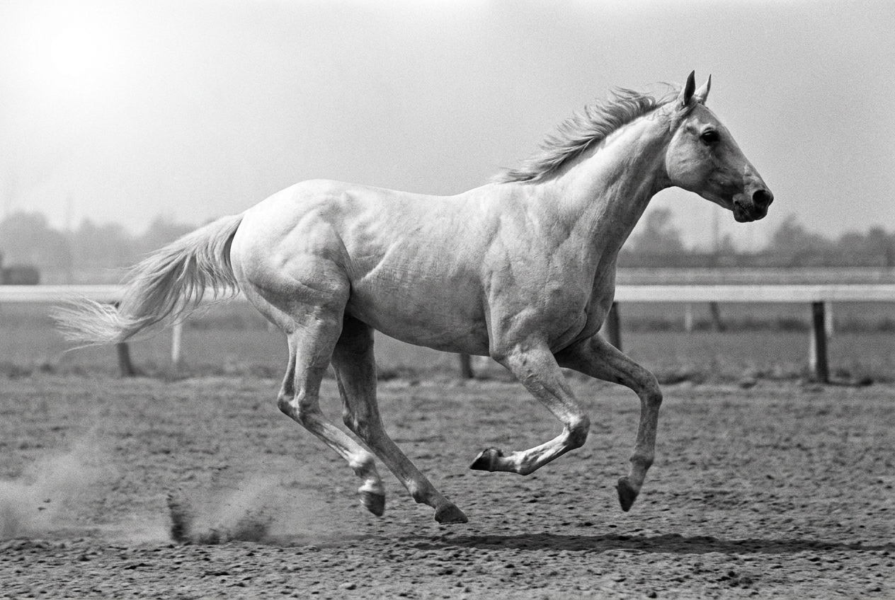 A grey thoroughbred at full stride